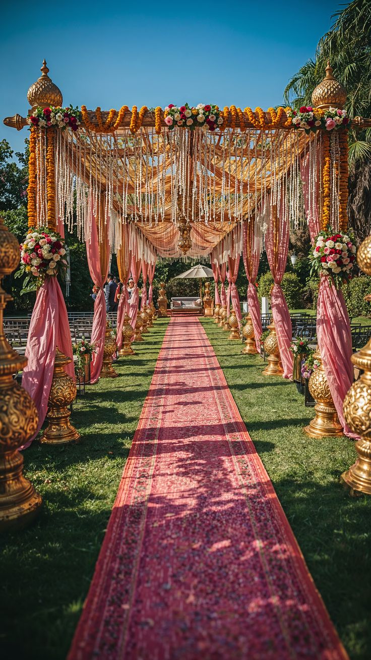 vibrant south indian wedding aisle entrance with marigold & jasmine decor
